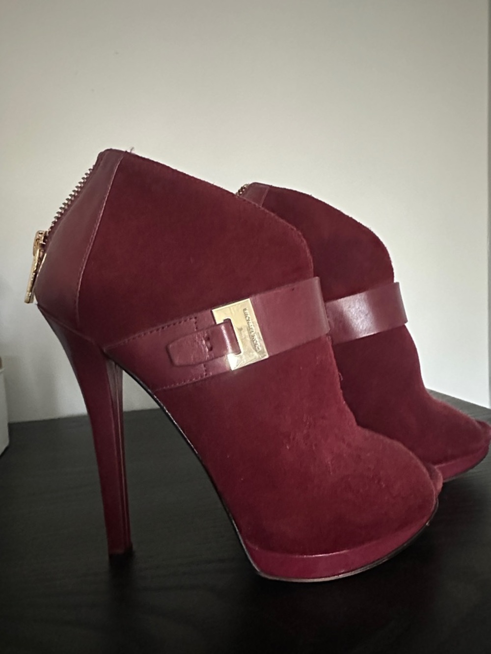 Michael Kors Burgundy Suede Platform Ankle Booties with Gold Accent